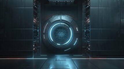 Fototapeta premium Futuristic steel vault door with glowing lights in a high-tech facility, showcasing advanced security and technology.