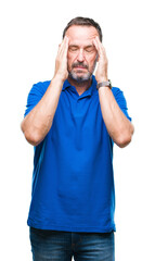 Fototapeta premium Middle age hoary senior man over isolated background with hand on head for pain in head because stress. Suffering migraine.