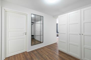 Home Entrance Hall. Interior. Wooden White Door, Brown Flooring and White Wardrobe. Minimalism. LED Light.