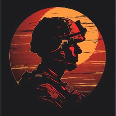 Silhouette of a soldier wearing a helmet with a setting sun in the background