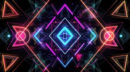 A kaleidoscope of geometric shapes including triangles, circles, and pentagons in neon colors against a black background.