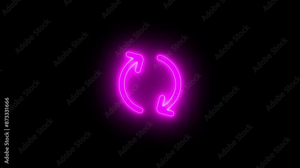 Poster neon arrow loading icon animation. neon arrow sign rotation on black background