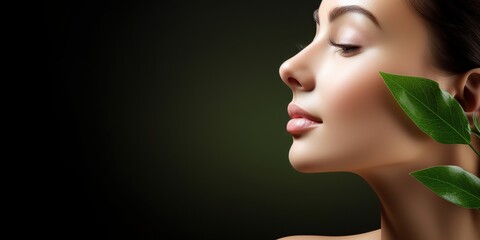 Fototapeta premium Pretty attractive female girl face portrait on green leave background. Skin care wellness health