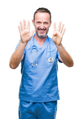 Fototapeta premium Middle age hoary senior doctor man wearing medical uniform over isolated background showing and pointing up with fingers number nine while smiling confident and happy.
