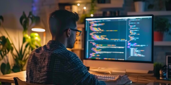 Programmer focused on coding on a computer screen, surrounded by code, representing software development.