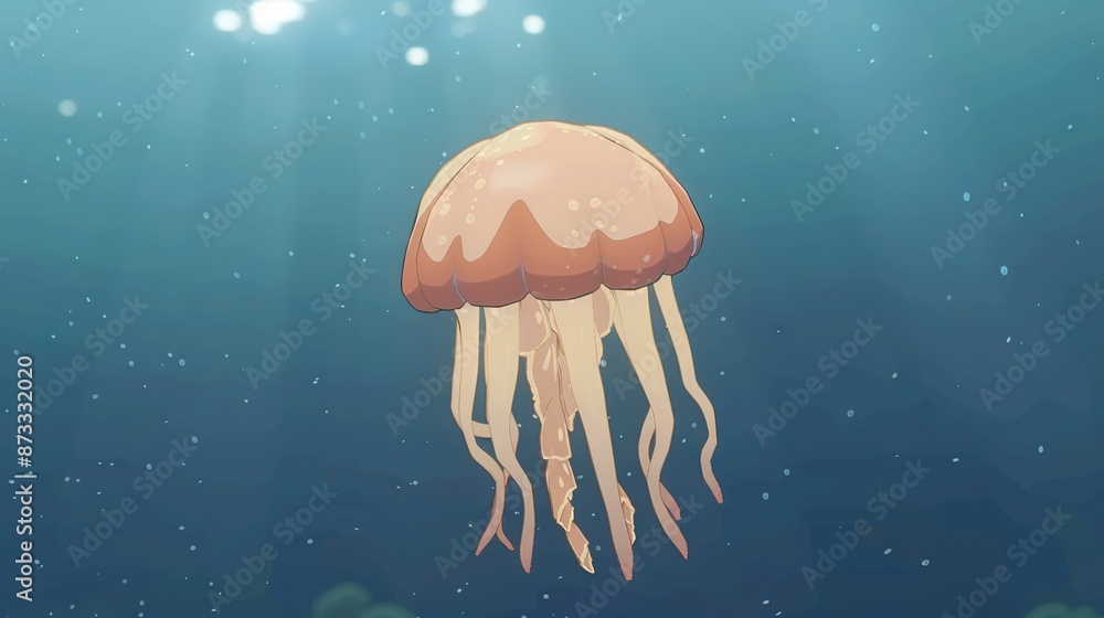 Poster   A jellyfish floats in the ocean, surrounded by blue water and bathed in sunlight reflecting off its back and head