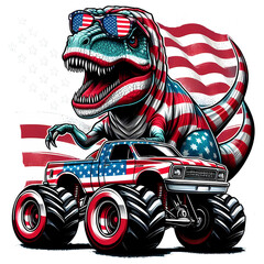 Patriotic Tyrannosaurus Rex and Monster Truck Illustration with American Flag Pattern