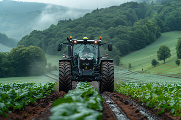 A Deutz-Fahr tractor drives through lush, green farmland, surrounded by rolling hills and misty...