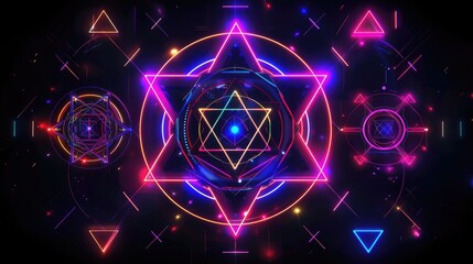 A kaleidoscope of geometric shapes including triangles, circles, and pentagons in neon colors against a black background.