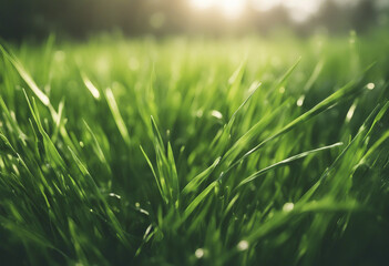 Beautiful natural background image of young lush green grass in the bright sunlight of a summer spri