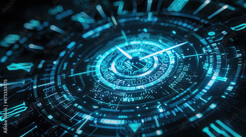 Poster futuristic digital interface with intricate geometric patterns and glowing blue holographic elements