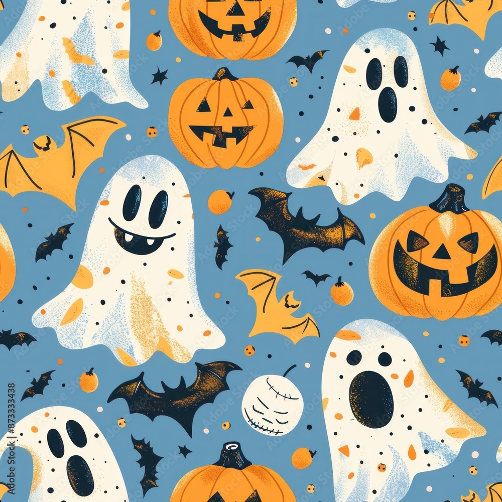 Wall mural a whimsical halloween pattern with spooky ghosts, carved pumpkins, and playful bats in a cartoon sty