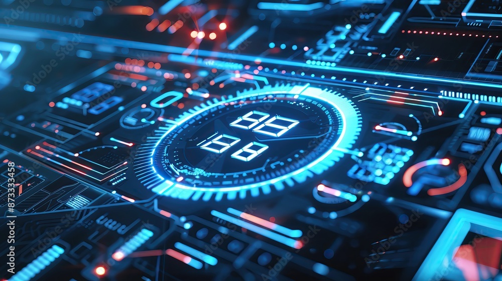 Poster futuristic digital interface with glowing holographic elements, representing advanced technology and
