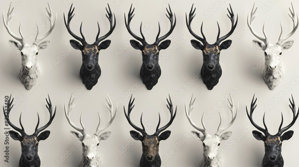 Poster a grid pattern of deer heads, alternating between black and white, against a neutral background, cre