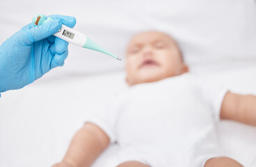 Naklejka premium Thermometer, medicine and baby with hand of doctor, hospital and sickness for medical consult. Healthcare, boy person and fever from tuberculosis, orphanage and abandoned child with pediatrician