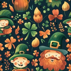 Fototapeta premium A whimsical St. Patrick's Day pattern with cartoon leprechauns, shamrocks, and pots of gold. The seamless design is filled with vibrant colors and playful elements, perfect for St. Patrick's Day
