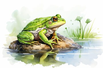 Fototapeta premium Frog squatting compactly flat design side view garden stream water color Splitcomplementary color scheme