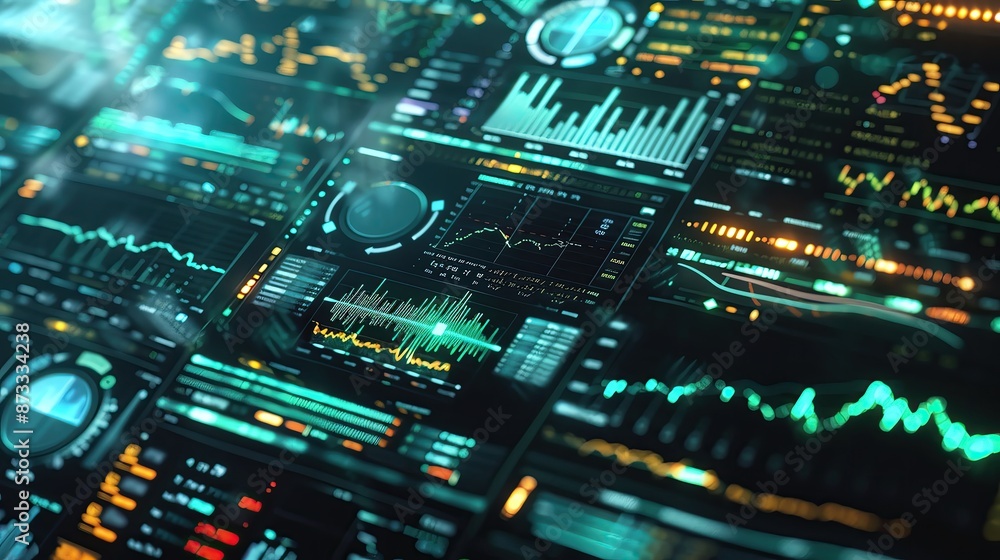 Poster futuristic digital dashboard with real-time data visualizations, analytics, and statistics. ideal fo
