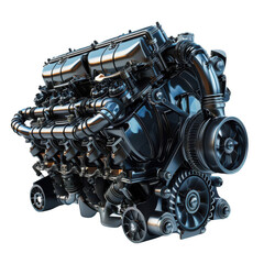 High-tech metallic V8 engine model isolated on white background, showcasing intricate automobile engineering and mechanical details.