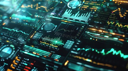 Fototapeta premium Futuristic digital dashboard with real-time data visualizations, analytics, and statistics. Ideal for technology and business insights.