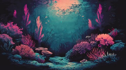 Fototapeta premium An underwater painting featuring vibrant corals, seaweed at the ocean floor, and a starfish gracefully resting atop the seabed
