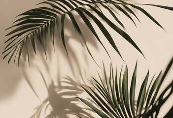 Obraz premium Blurred shadow from palm leaves on light cream wall Minimalistic beautiful summer spring background