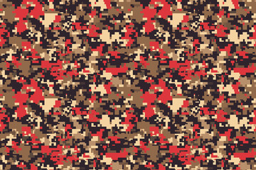 Fototapeta premium A seamless pixelated camouflage pattern with shades of red, brown, beige, and black, creating a striking and modern military design.