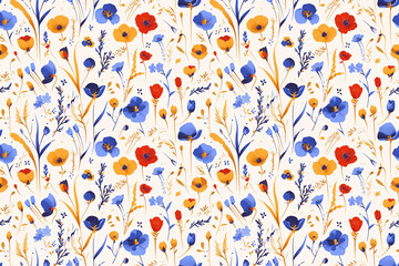A seamless floral pattern with blue and red flowers on a white background. The flowers are detailed and varied, creating a delicate and elegant design.
