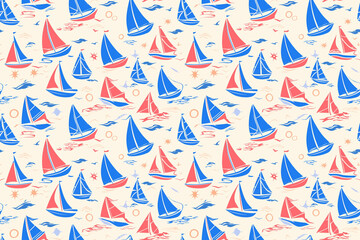 Nautical-themed pattern with blue and red sailboats, seagulls, and waves, arranged in a seamless tile.