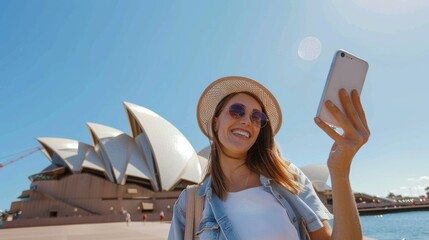 Fototapeta premium Excited woman snapping selfie in front of iconic landmark, clear blue sky, casual outfit, adventure spirit
