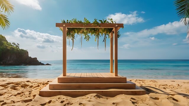 A wooden platform for a wedding ceremony on a beach