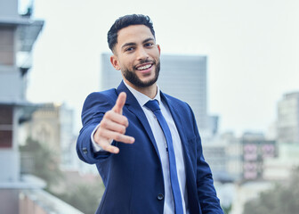 Happy, portrait and businessman with thumbs up in a city for support, thank you and success sign outdoor. Winner, vote or face of entrepreneur in Mexico with emoji hands for feedback, opinion or yes