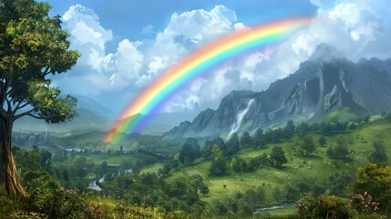   A rainbow painting of lush green valley, mountain range, and cloudy sky