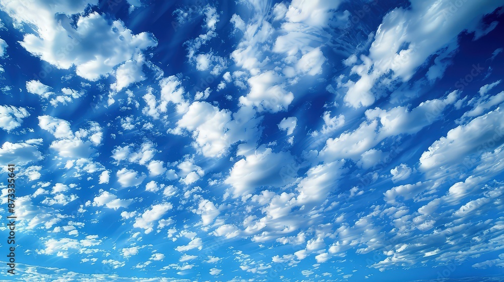 Poster a wonderful skyscape where high cirrostratus clouds form intricate patterns against a deep blue back