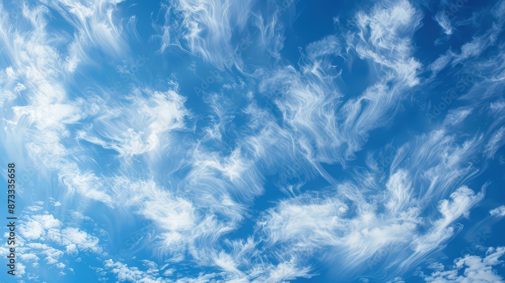 Poster a wonderful skyscape where high cirrostratus clouds form intricate patterns against a deep blue back
