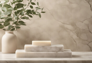 Original template for spa product presentation Pedestal of marble slabs and branches with green leav