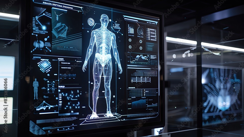 Poster futuristic digital medical interface displaying human anatomy and health data in a high-tech laborat