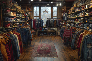 Obraz premium Cozy boutique clothing store with rustic wood paneling, packed shelves, and racks filled with various garments, under warm lighting and a decorative oriental rug