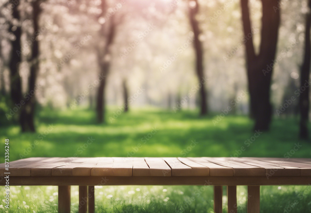 Poster spring summer beautiful nature background with blurred park trees in sunlight and empty wooden table