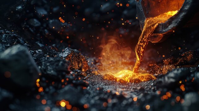 Industrial pouring of molten metal from metal pipe in close up shot in foundry setting