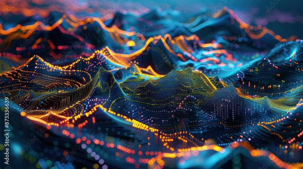 Poster an abstract 3d digital landscape of glowing peaks and valleys, with layers of data streams forming a
