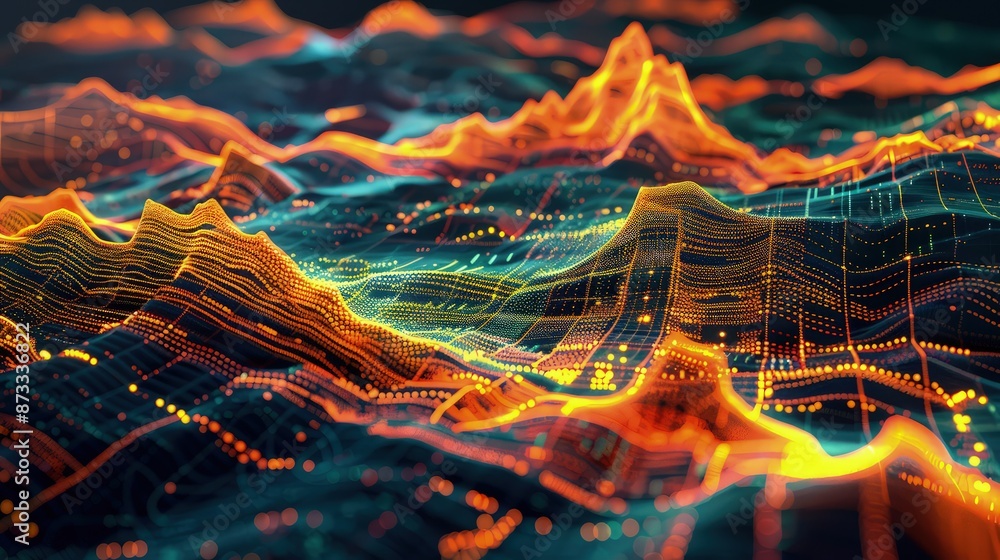 Poster an abstract 3d digital landscape of glowing peaks and valleys, with layers of data streams forming a
