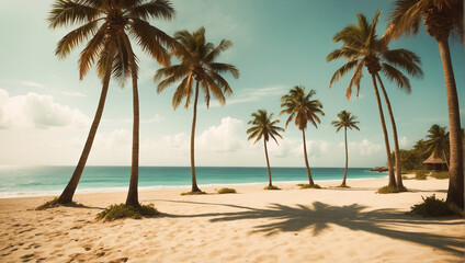 Sandy beach with palm trees and the ocean in the summer backgrounds