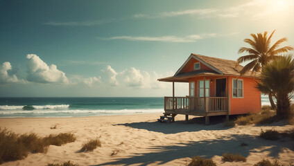 Fototapeta premium Summer backgrounds with small house and palm trees on the sandy beach 