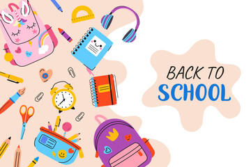 Back to school background. Collection of supplies with calligraphy for children. Cute colorful vector illustration