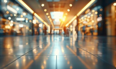 Blurred background of a modern shopping mall with some shoppers. Shopping concept, Generative AI