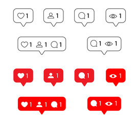 Heart like icon set, new message bubble, friend request quantity number notifications icons templates. Vector illustration.