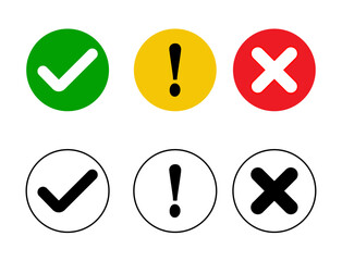 Set of flat round check mark, exclamation point, X mark icons isolated on transparent background.