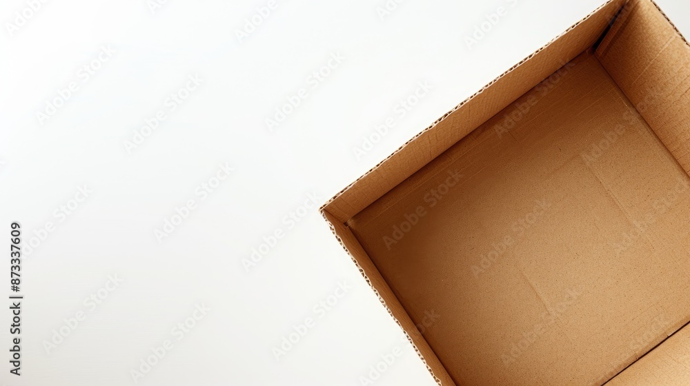 Poster view of an empty brown cardboard box in a corner isolated on white room for text