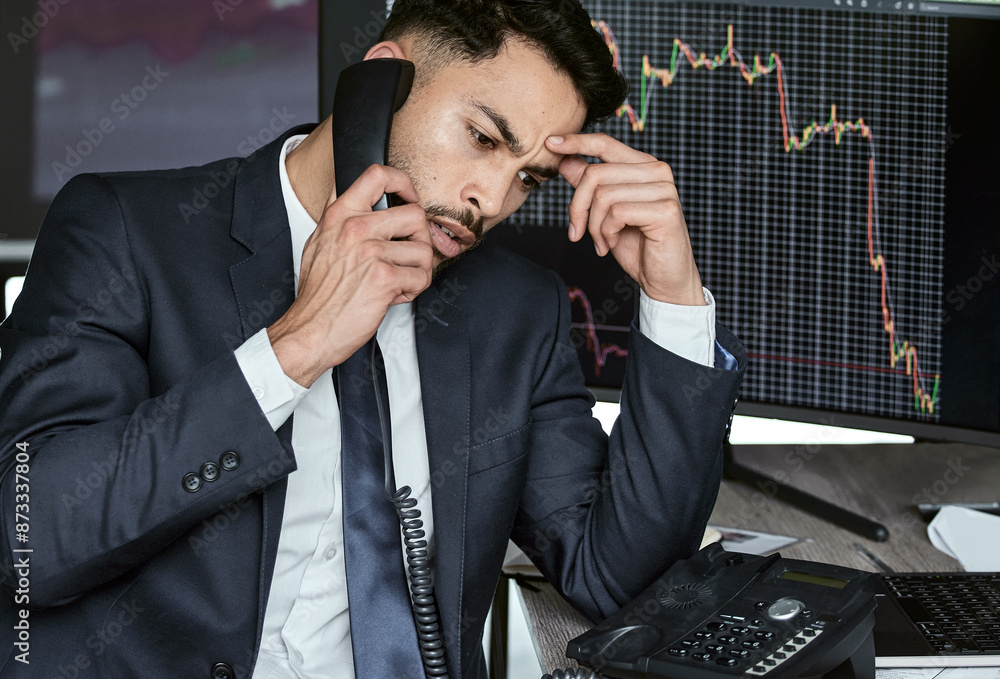 Poster stress, statistics and business man with phone call for investment mistake, error or stock market pr